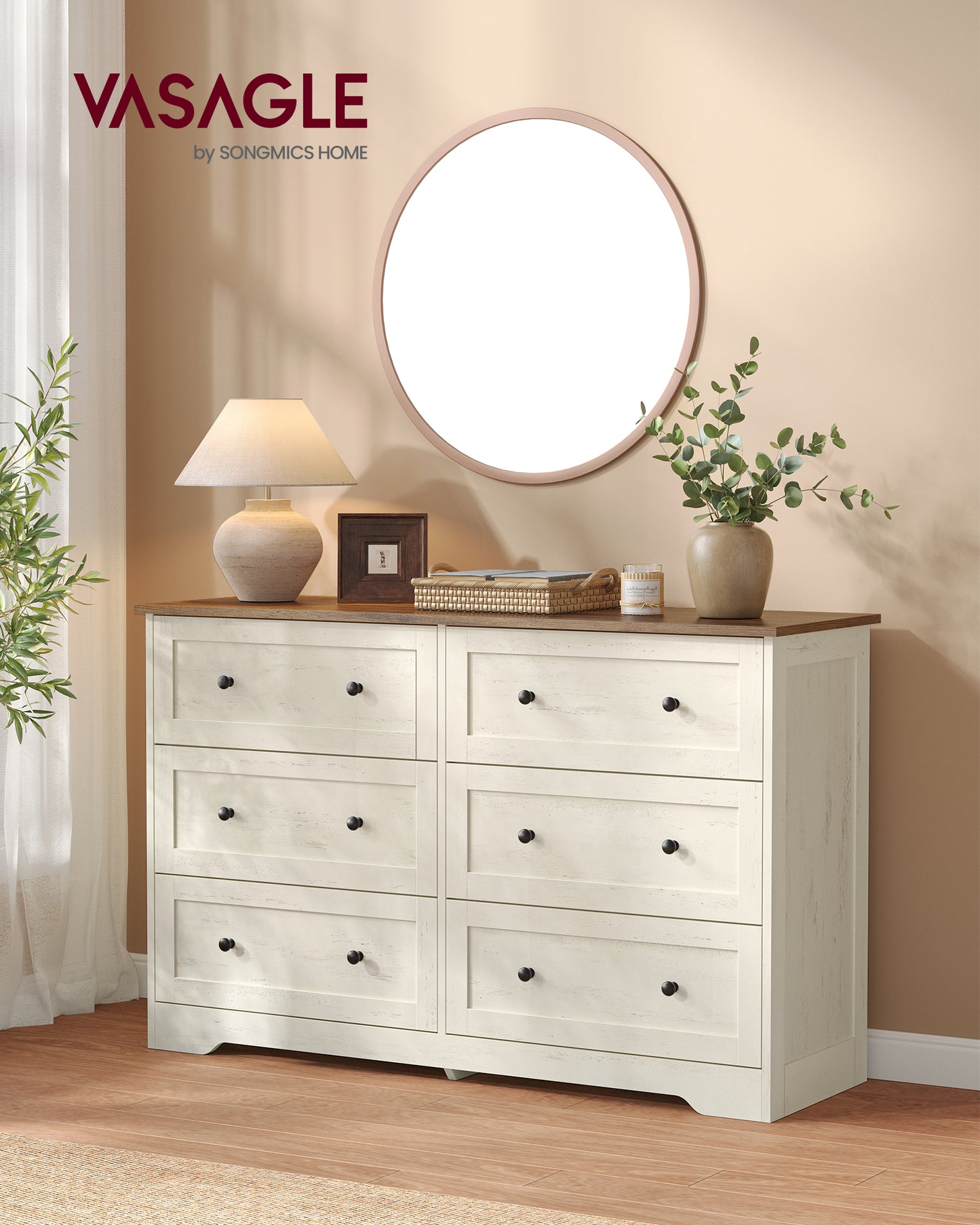 VASAGLE 6-Drawer Dresser, Engineered Wood Chest of Drawers, Large Capacity, 47.2 x 15.7 x 30.7 in, Rustic White and Honey Brown, Siren Collection