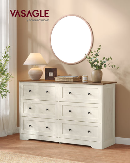 VASAGLE 6-Drawer Dresser, Engineered Wood Chest of Drawers, Large Capacity, 47.2 x 15.7 x 30.7 in, Rustic White and Honey Brown, Siren Collection