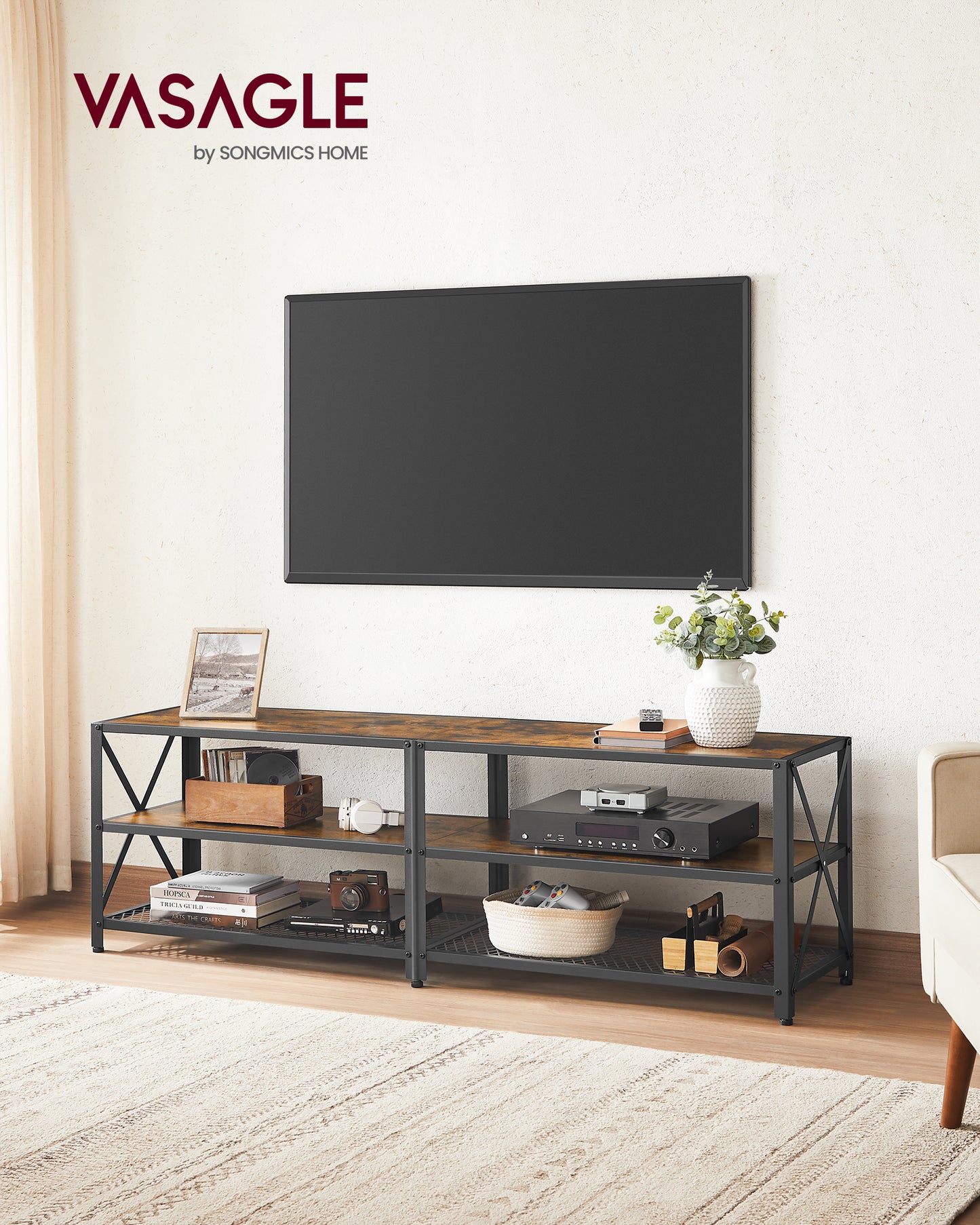 TV Stand, TV Console For TVs Up To 70 Inches, TV Table, 63 Inches Width, TV Cabinet With Storage Shelves, Steel Frame, For Living Room, Bedroom