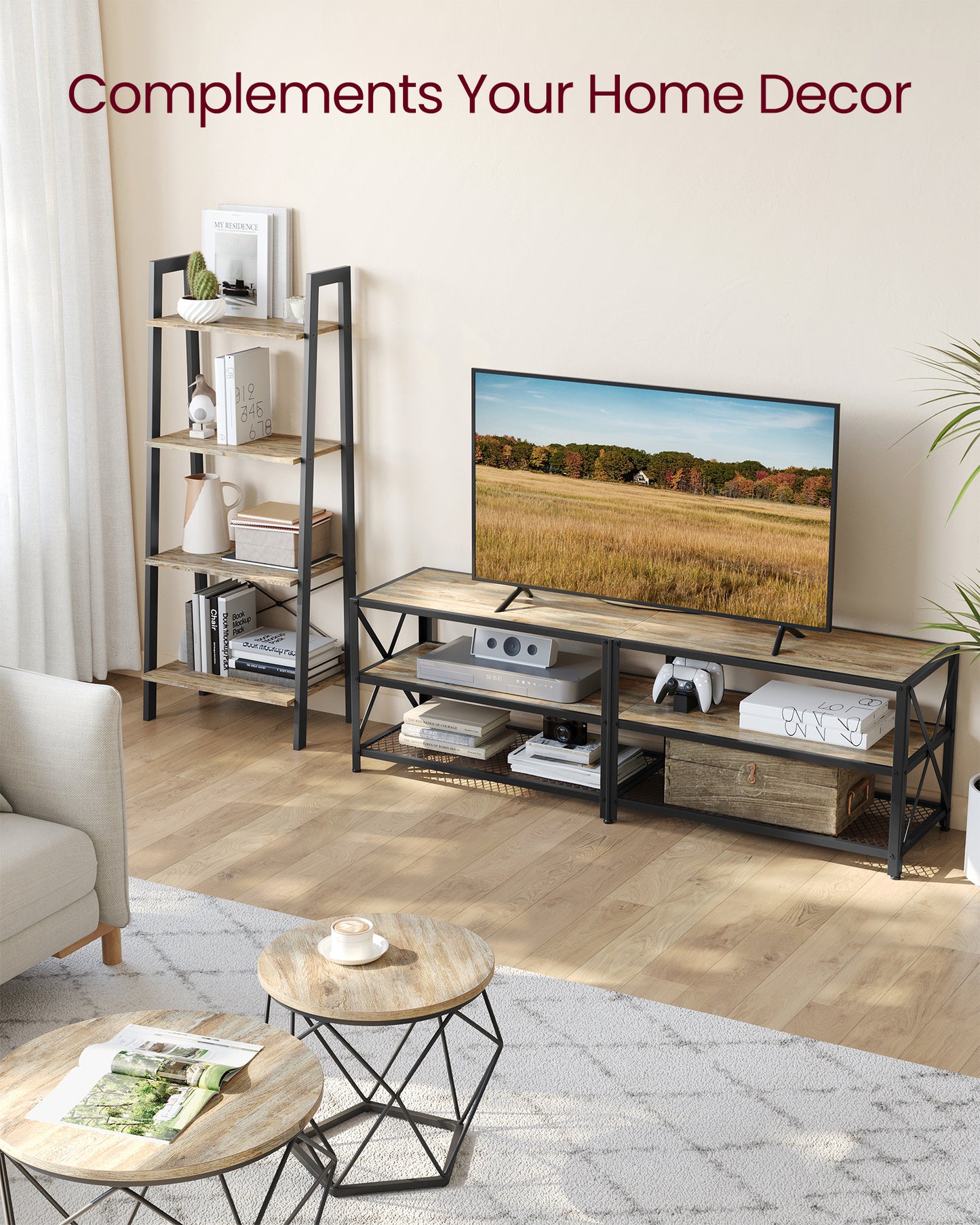 TV Stand, TV Console for TVs Up to 70 Inches, TV Table, 63 Inches Width, TV Cabinet with Storage Shelves, Steel Frame, for Living Room, Bedroom, Turquoise Brown and Black