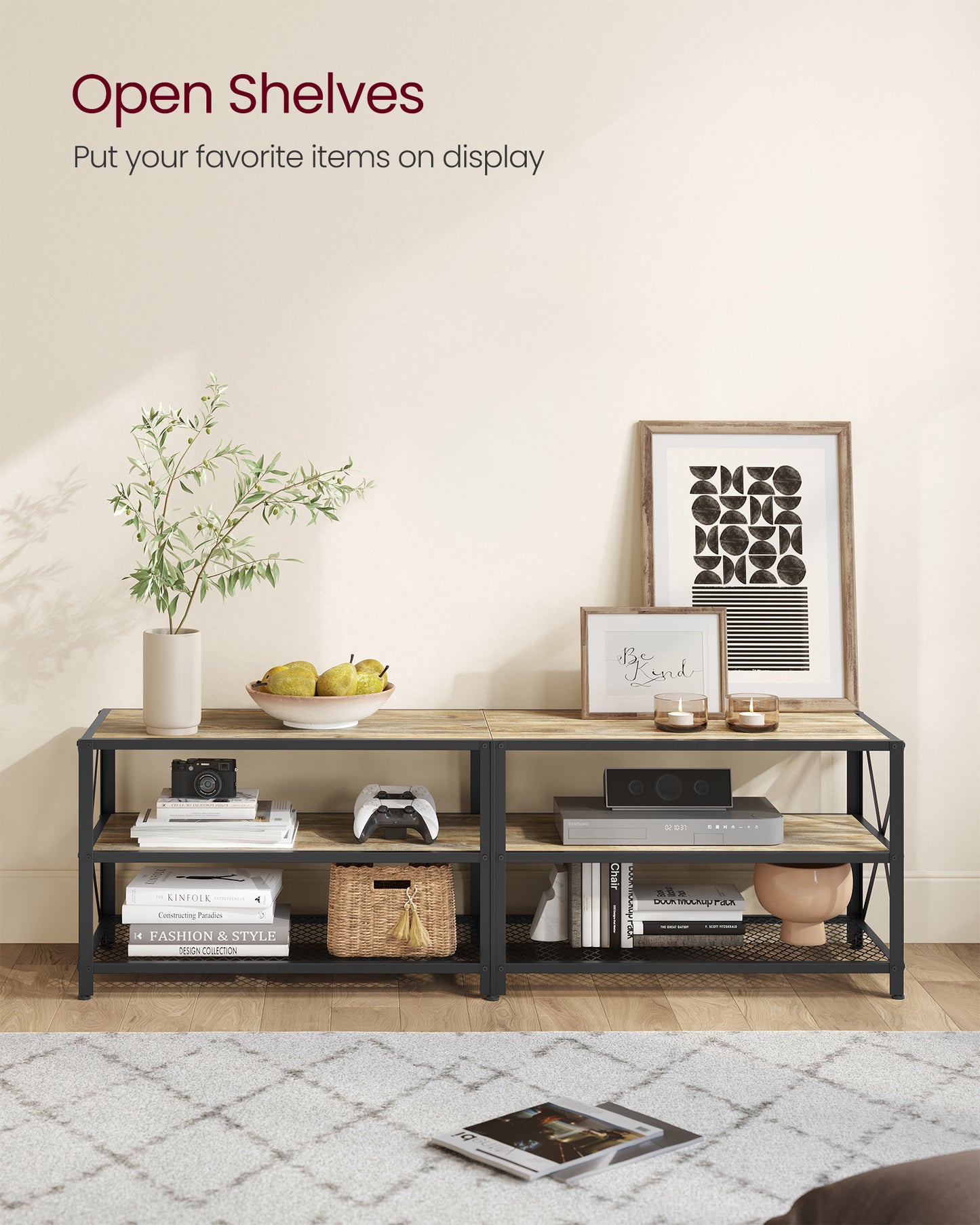 TV Stand, TV Console for TVs Up to 70 Inches, TV Table, 63 Inches Width, TV Cabinet with Storage Shelves, Steel Frame, for Living Room, Bedroom, Turquoise Brown and Black