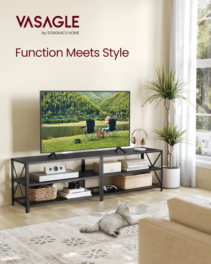 TV Stand, TV Console for TVs Up to 75 Inches, TV Table, 70.1 Inches Width, TV Cabinet with Storage Shelves, Steel Frame, for Living Room, Bedroom, Black with Wood Grain