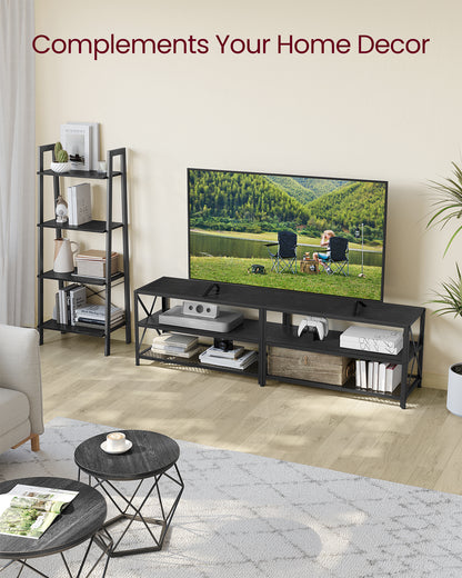 TV Stand, TV Console for TVs Up to 75 Inches, TV Table, 70.1 Inches Width, TV Cabinet with Storage Shelves, Steel Frame, for Living Room, Bedroom, Black with Wood Grain