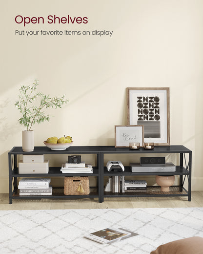 TV Stand, TV Console for TVs Up to 75 Inches, TV Table, 70.1 Inches Width, TV Cabinet with Storage Shelves, Steel Frame, for Living Room, Bedroom, Black with Wood Grain