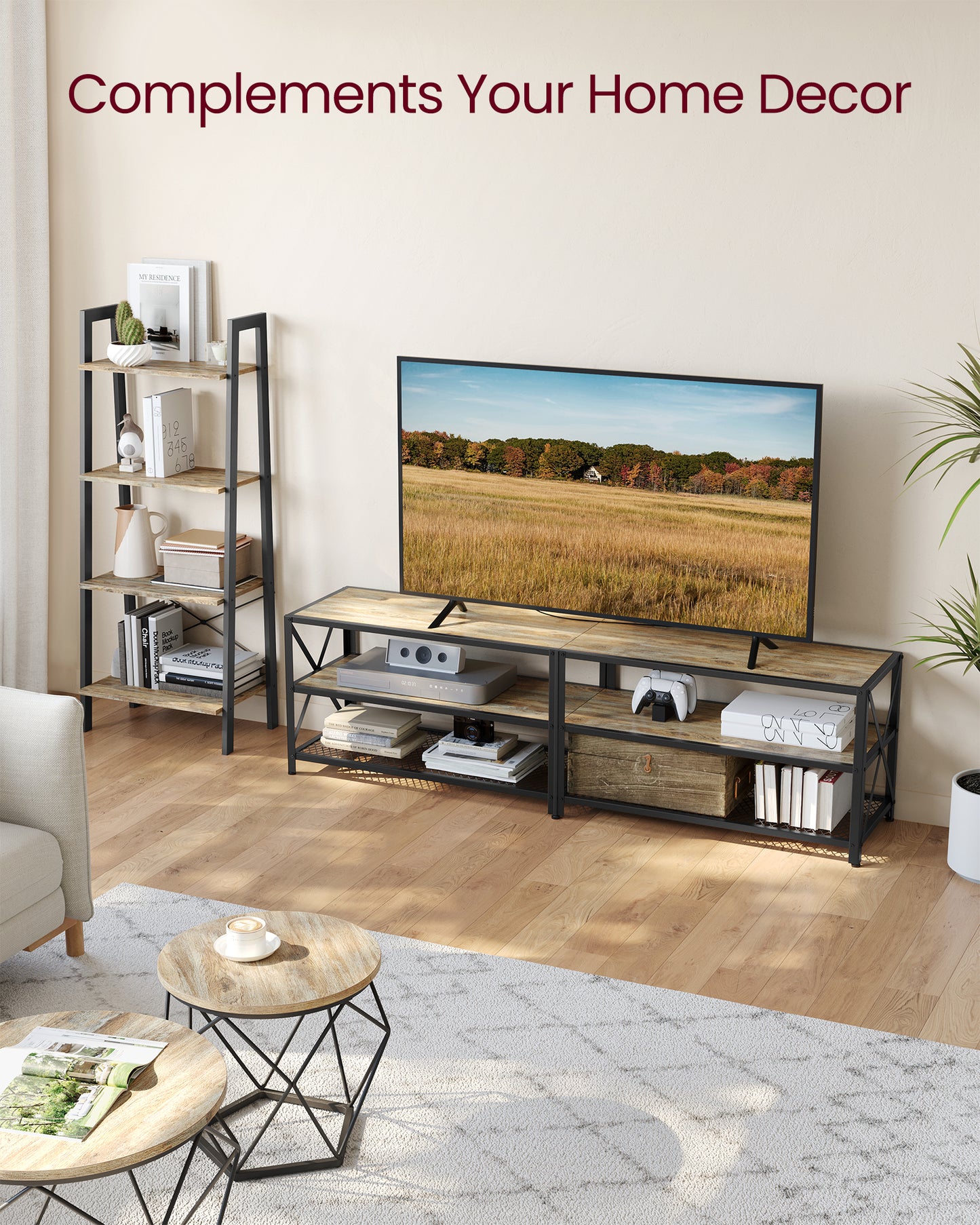 TV Stand, TV Console for TVs Up to 75 Inches, TV Table, 70.1 Inches Width, TV Cabinet with Storage Shelves, Steel Frame, for Living Room, Bedroom, Turquoise Brown and Black