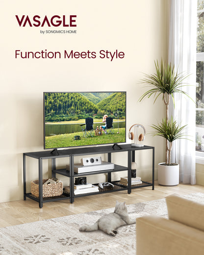Modern TV Stand for TVs up to 65 Inches, 3-Tier Entertainment Center, Industrial TV Console Table with Open Storage Shelves, for Living Room, Bedroom, Black with Wood Grain