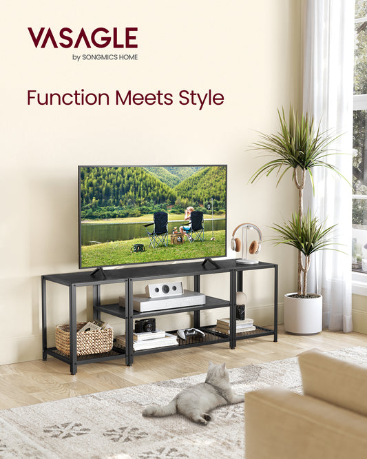 Modern TV Stand for TVs up to 65 Inches, 3-Tier Entertainment Center, Industrial TV Console Table with Open Storage Shelves, for Living Room, Bedroom, Black with Wood Grain
