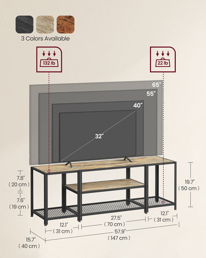 Modern TV Stand for TVs up to 65 Inches, 3-Tier Entertainment Center, Industrial TV Console Table with Open Storage Shelves, for Living Room, Bedroom, Turquoise Brown and Black