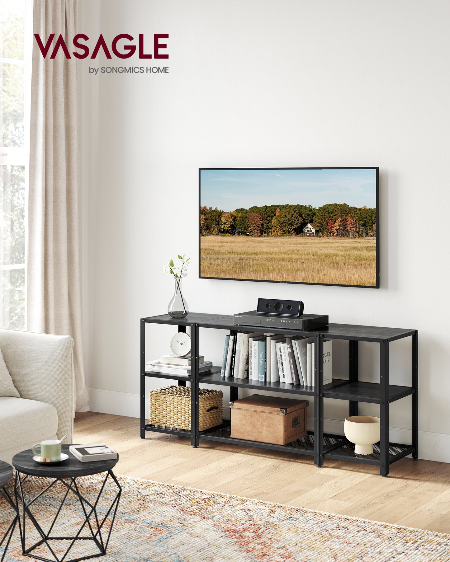 TV Stand for 65 Inches TVs, Industrial Entertainment Center, Modern TV Console with Open Storage Shelves for Living Room, Bedroom, Black