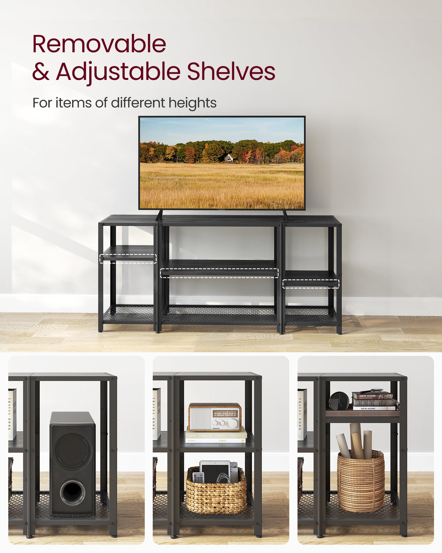 TV Stand for 65 Inches TVs, Industrial Entertainment Center, Modern TV Console with Open Storage Shelves for Living Room, Bedroom, Black