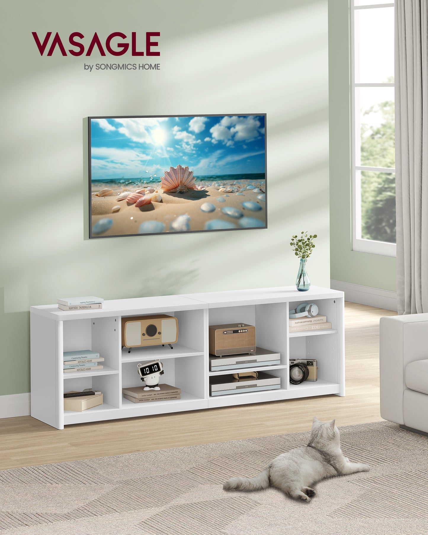 TV Stand for TVs up to 75 Inches, Entertainment Center with Storage Shelves, TV Console Table, Easy to Assemble, TV Cabinet for Living Room, Bedroom, Cloud White