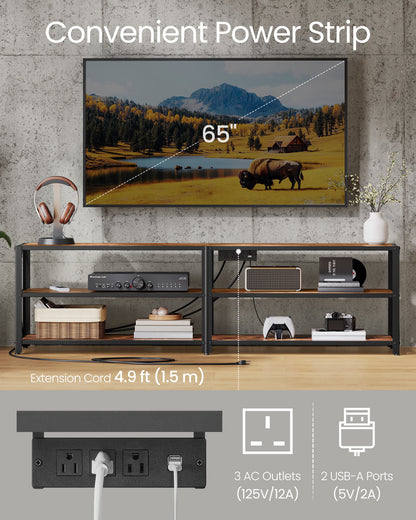TV Stand with Power Outlets and LED Lights, for TVs up to 75 Inches, Entertainment Center with Open Storage Shelves, TV Console Table for Living Room, Rustic Brown and Ink Black