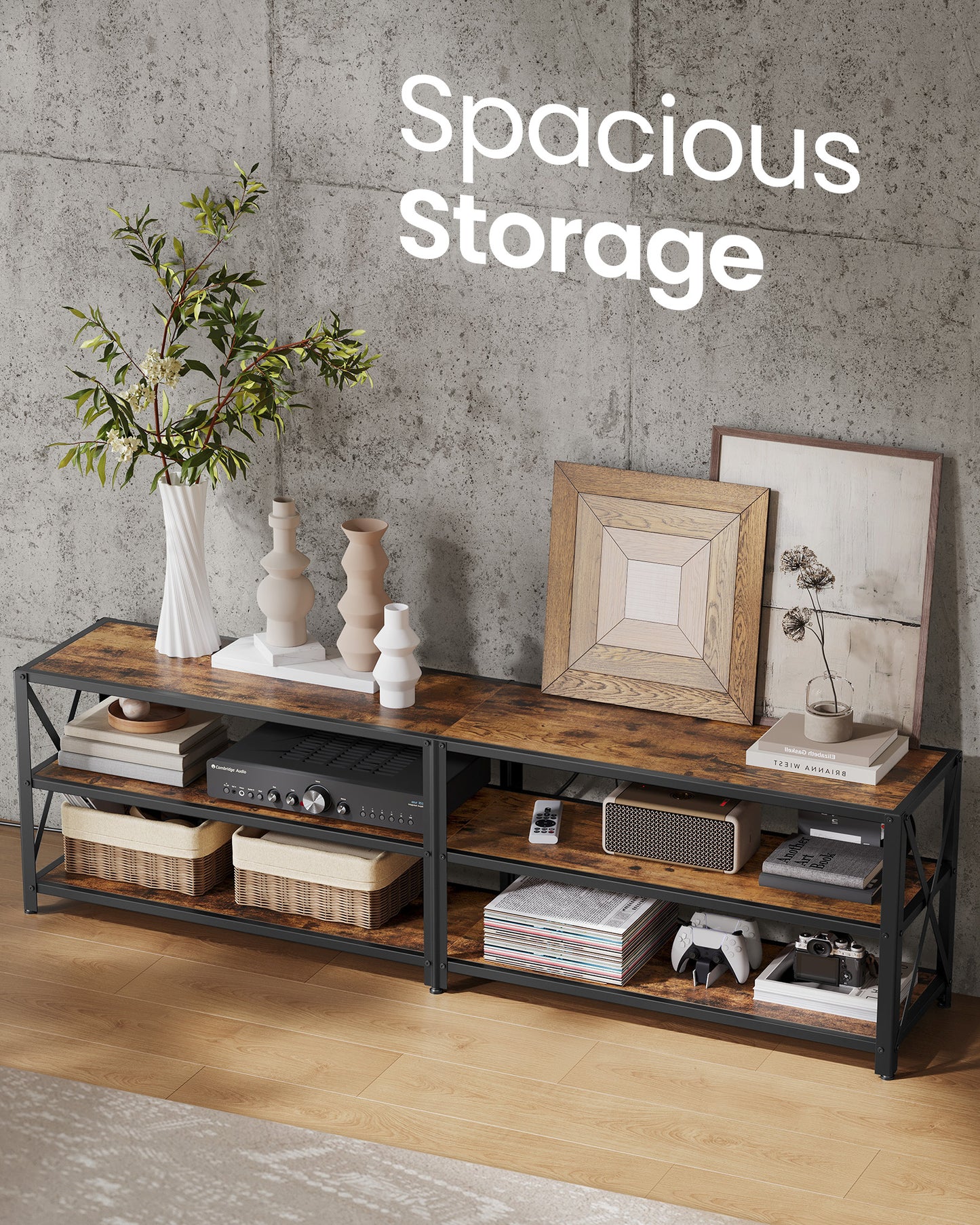 TV Stand with Power Outlets and LED Lights, for TVs up to 75 Inches, Entertainment Center with Open Storage Shelves, TV Console Table for Living Room, Rustic Brown and Ink Black