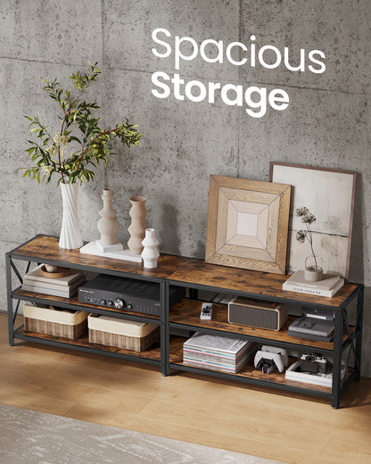 TV Stand with Power Outlets and LED Lights, for TVs up to 75 Inches, Entertainment Center with Open Storage Shelves, TV Console Table for Living Room, Rustic Brown and Ink Black