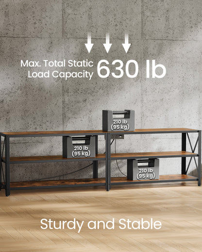 TV Stand with Power Outlets and LED Lights, for TVs up to 75 Inches, Entertainment Center with Open Storage Shelves, TV Console Table for Living Room, Rustic Brown and Ink Black