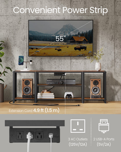 TV Stand with Power Outlets and LED Lights, for TVs up to 60 Inches, Entertainment Center with Open Storage Shelves, TV Console Table for Living Room, Rustic Brown and Ink Black