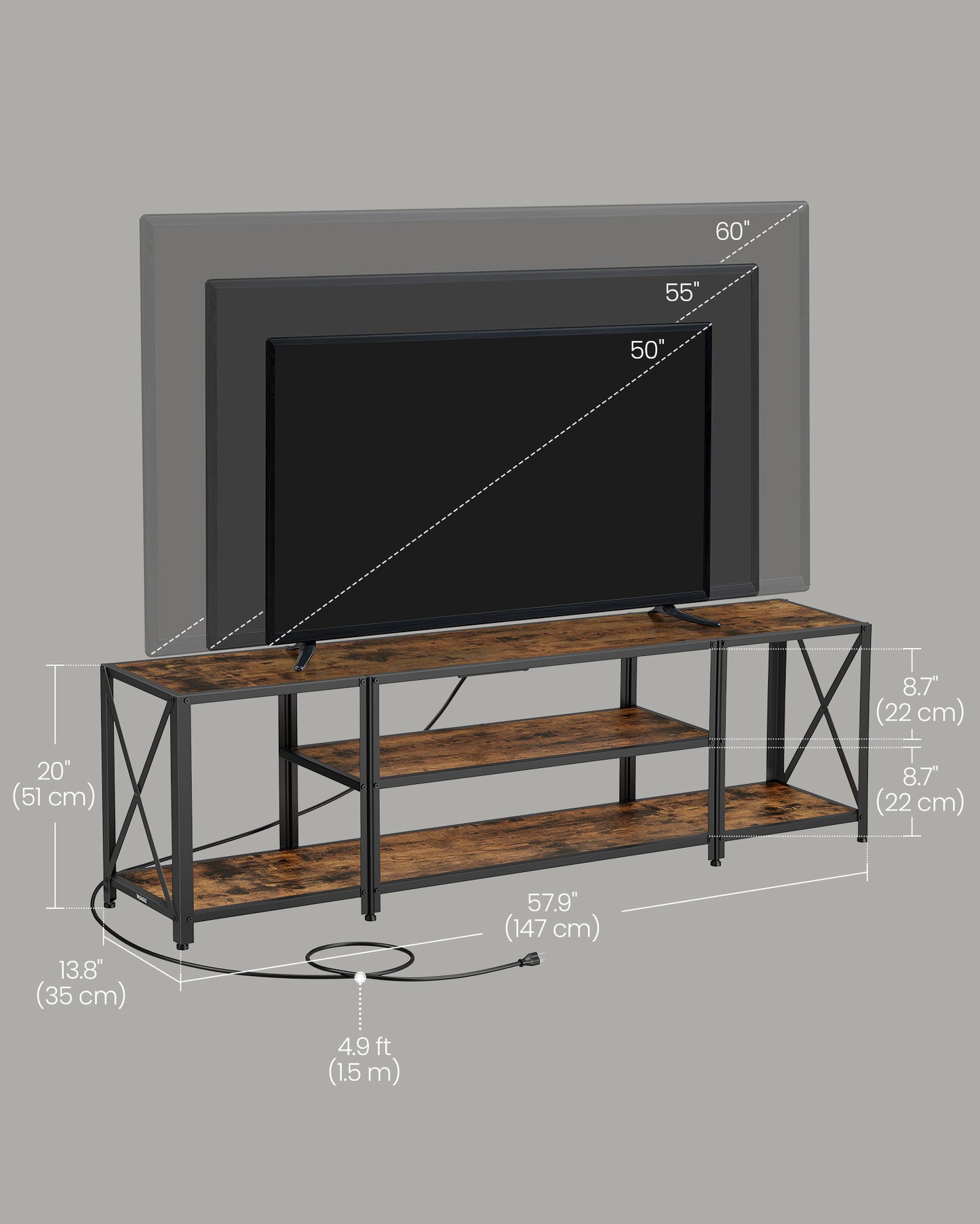 TV Stand with Power Outlets and LED Lights, for TVs up to 60 Inches, Entertainment Center with Open Storage Shelves, TV Console Table for Living Room, Rustic Brown and Ink Black