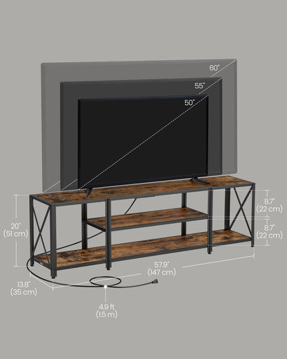 TV Stand with Power Outlets and LED Lights, for TVs up to 60 Inches, Entertainment Center with Open Storage Shelves, TV Console Table for Living Room, Rustic Brown and Ink Black