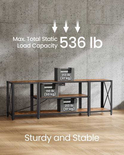 TV Stand with Power Outlets and LED Lights, for TVs up to 60 Inches, Entertainment Center with Open Storage Shelves, TV Console Table for Living Room, Rustic Brown and Ink Black