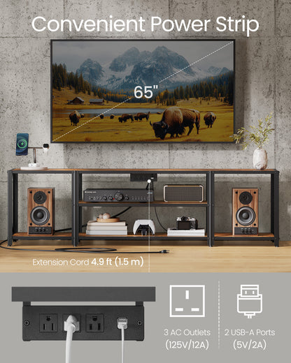 TV Stand With Power Outlets and LED Lights, for TVs up to 75 Inches, Entertainment Center With Open Storage Shelves, Console Table for Living Room, Rustic Brown and Ink Black