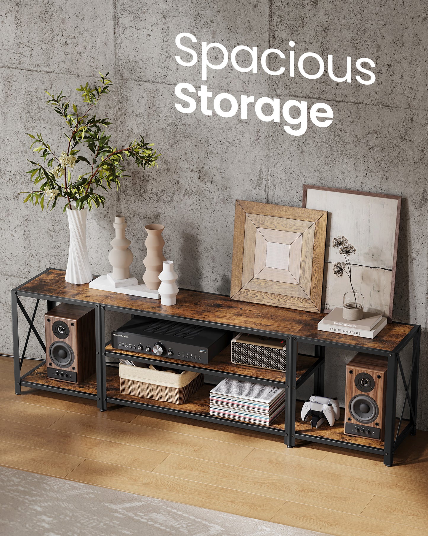 TV Stand With Power Outlets and LED Lights, for TVs up to 75 Inches, Entertainment Center With Open Storage Shelves, Console Table for Living Room, Rustic Brown and Ink Black