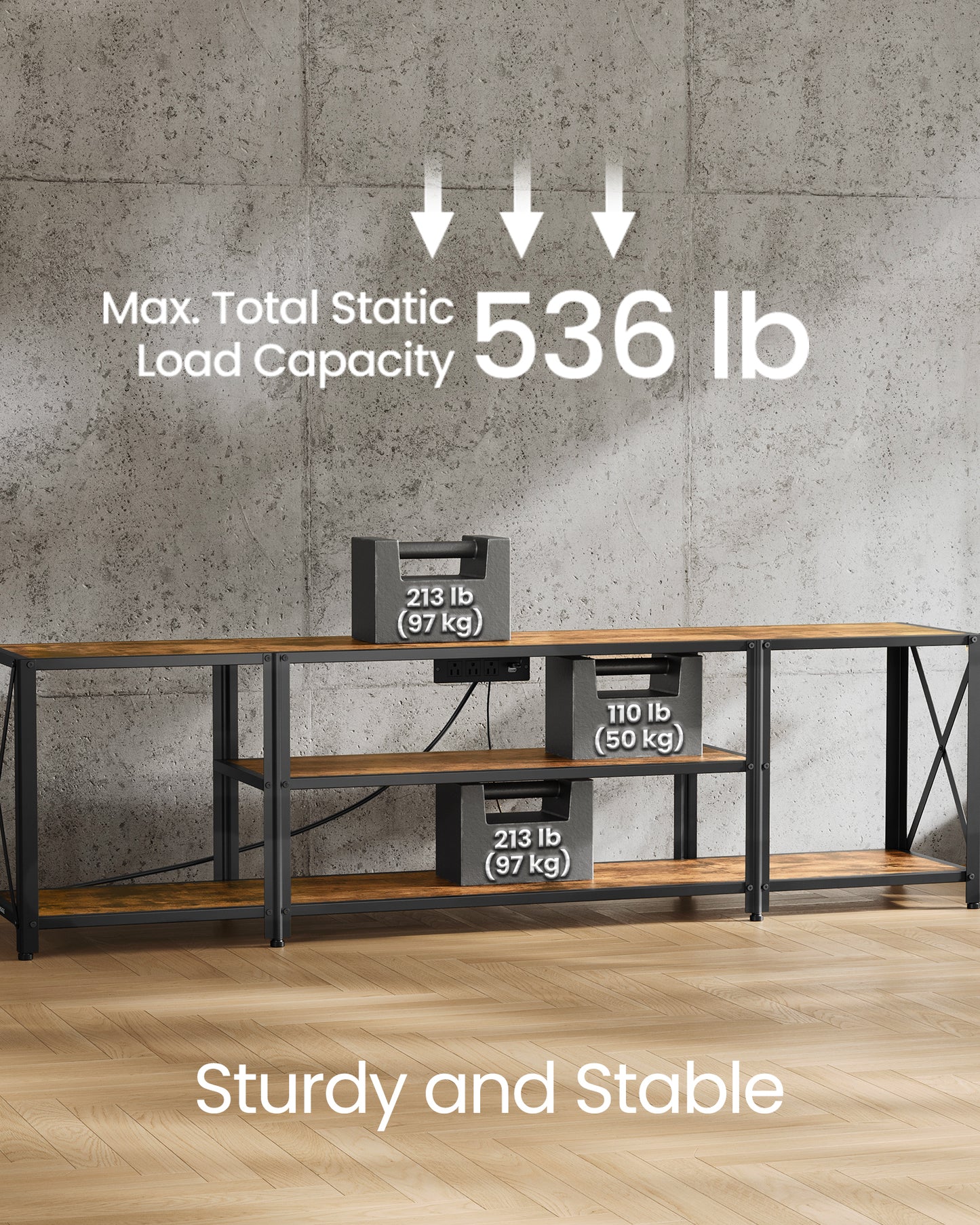 TV Stand With Power Outlets and LED Lights, for TVs up to 75 Inches, Entertainment Center With Open Storage Shelves, Console Table for Living Room, Rustic Brown and Ink Black