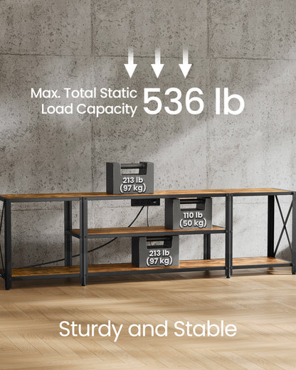 TV Stand With Power Outlets and LED Lights, for TVs up to 75 Inches, Entertainment Center With Open Storage Shelves, Console Table for Living Room, Rustic Brown and Ink Black