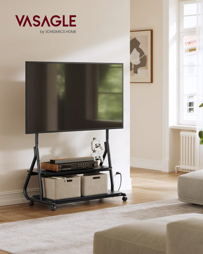 TV Stand with Wheels, for LCD LED OLED Flat Curved TVs up to 75 Inches and 88 lb, Rolling TV Cart, with Power Outlets, Storage Shelf, Height Adjustable, Ink Black and Ebony Black