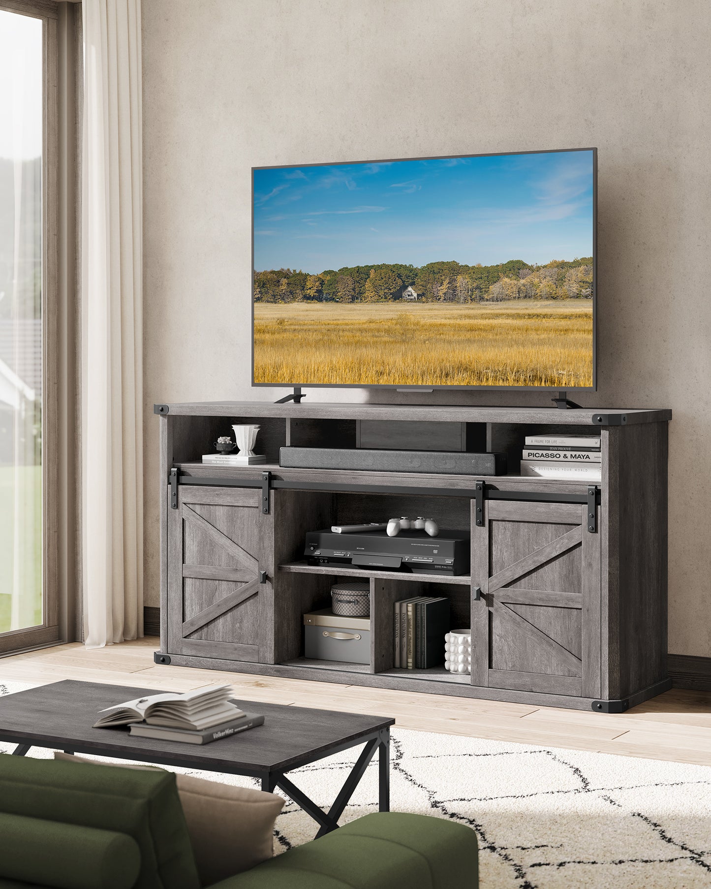 TV Stand for TVs up to 65 Inches, Farmhouse Entertainment Center with Sliding Barn Doors, TV Console Table for Living Room, Misty Gray