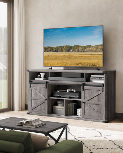 TV Stand for TVs up to 65 Inches, Farmhouse Entertainment Center with Sliding Barn Doors, TV Console Table for Living Room, Misty Gray
