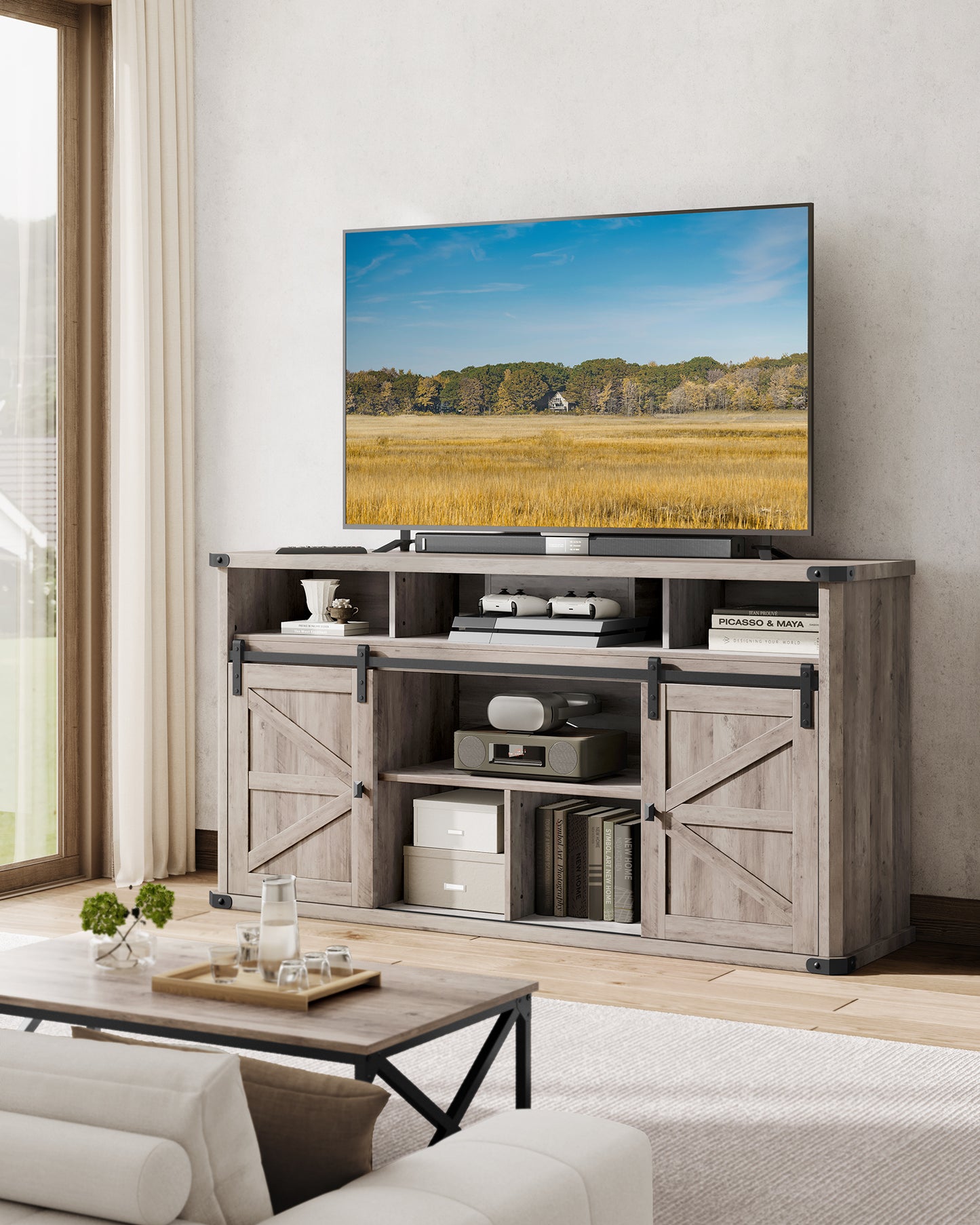 TV Stand for TVs up to 65 Inches, Farmhouse Entertainment Center with Sliding Barn Doors, TV Console Table for Living Room, Heather Greige