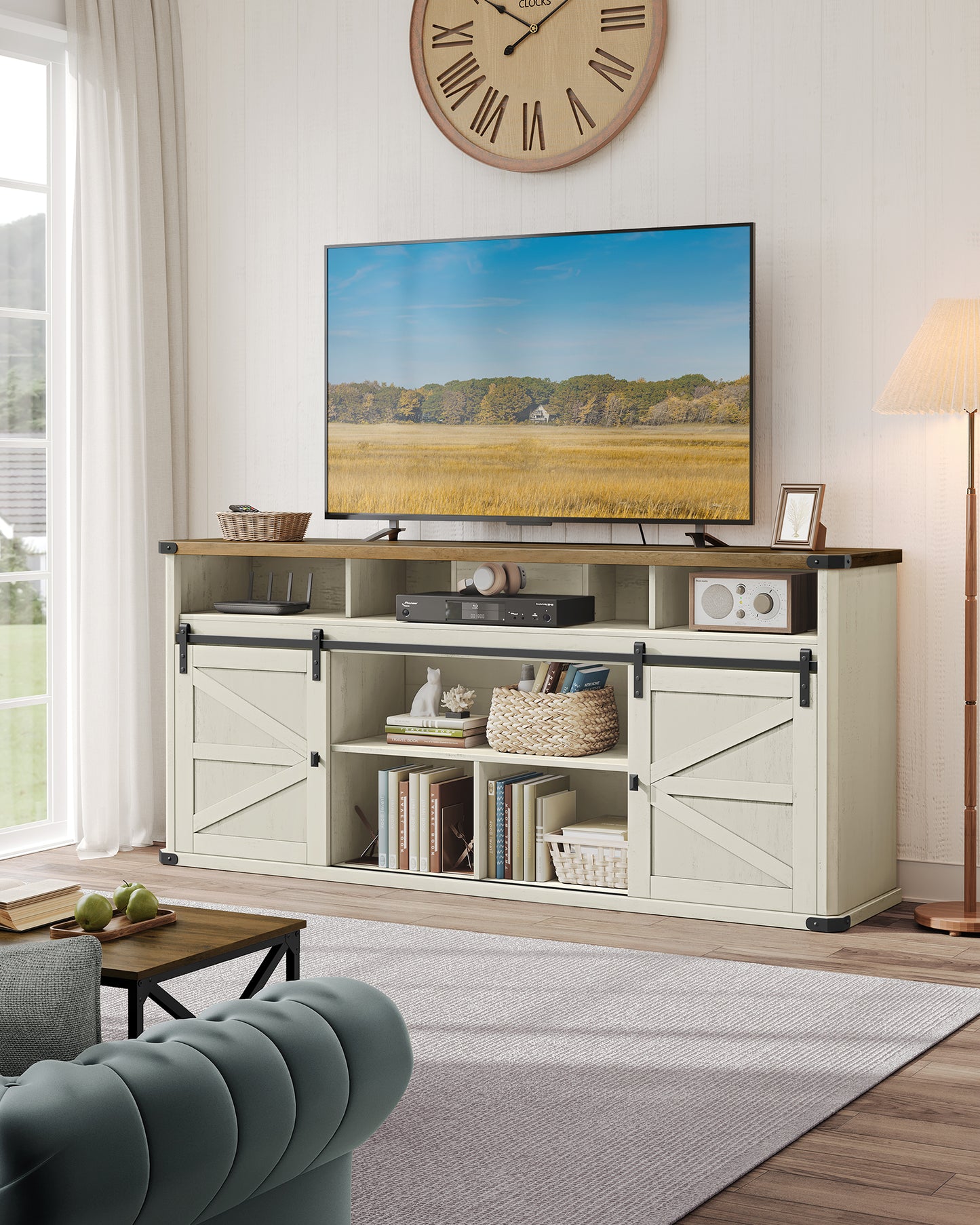 TV Stand for TVs up to 75 Inches, Farmhouse Entertainment Center with Sliding Barn Doors, Console Table for Living Room, Rustic White and Honey Brown