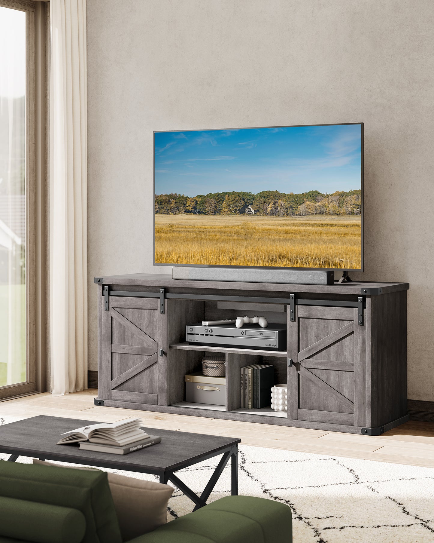 TV Stand for TVs up to 65 Inches, Farmhouse Entertainment Center with Sliding Barn Doors, TV Console Table for Living Room, Misty Gray