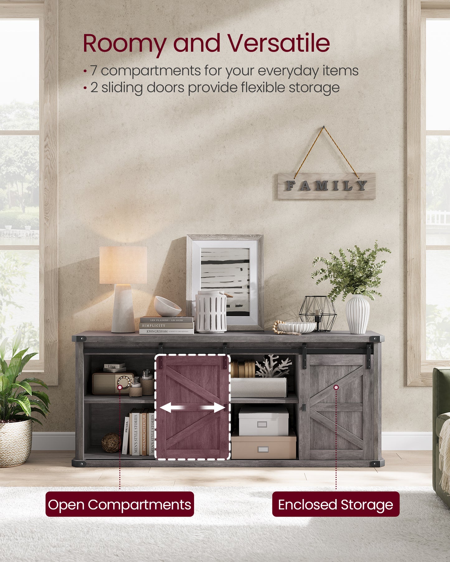 TV Stand for TVs up to 65 Inches, Farmhouse Entertainment Center with Sliding Barn Doors, TV Console Table for Living Room, Misty Gray