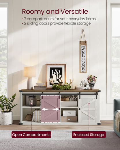 TV Stand for TVs up to 65 Inches, Farmhouse Entertainment Center with Sliding Barn Doors, TV Console Table for Living Room, Rustic White and Honey Brown