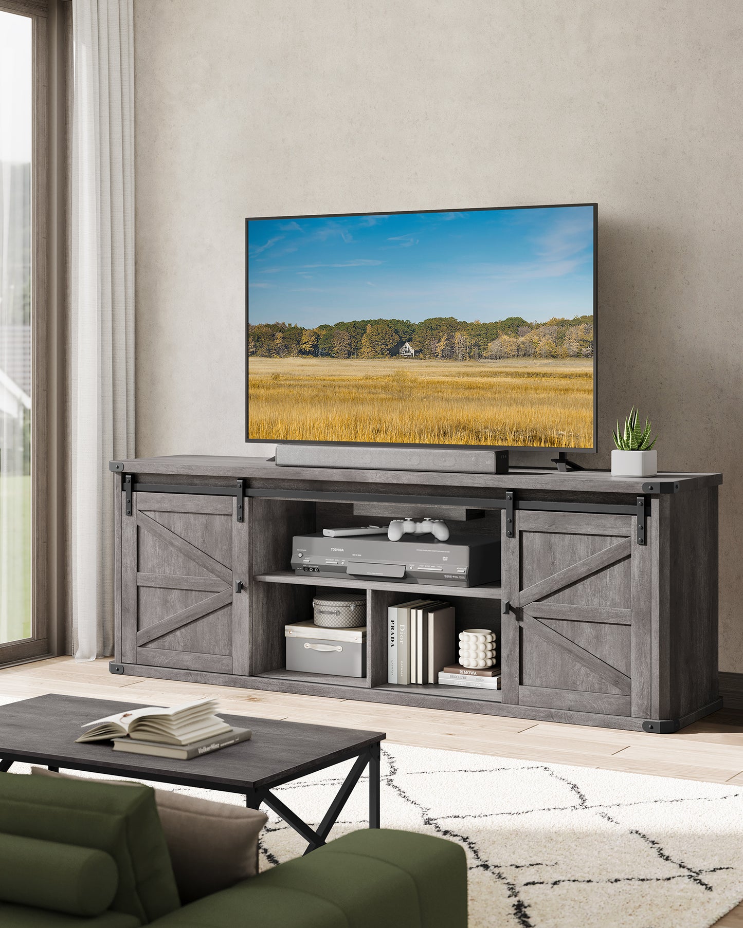 TV Stand for TVs up to 75 Inches, Farmhouse Entertainment Center with Sliding Barn Doors, TV Console Table for Living Room, Misty Gray