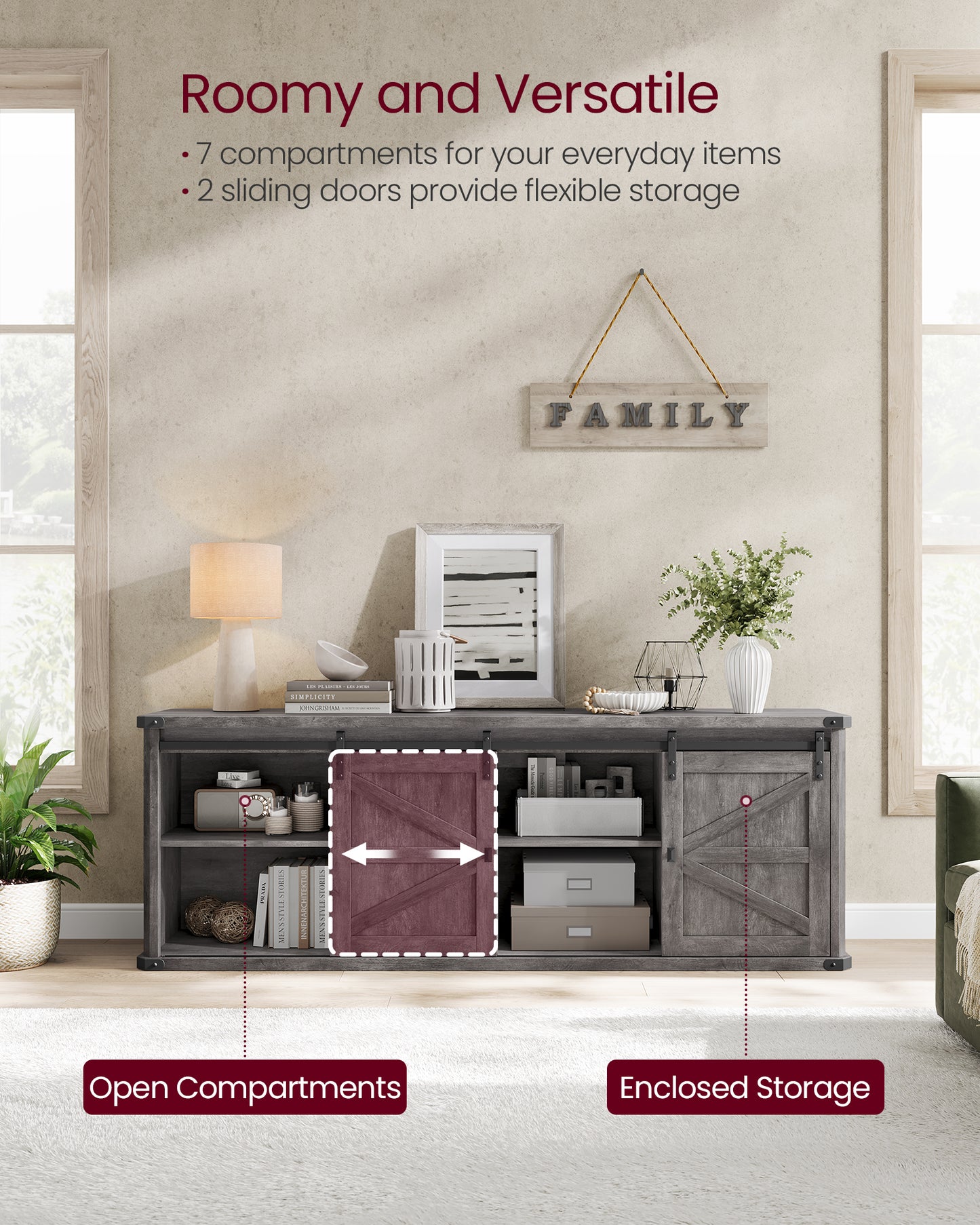 TV Stand for TVs up to 75 Inches, Farmhouse Entertainment Center with Sliding Barn Doors, TV Console Table for Living Room, Misty Gray