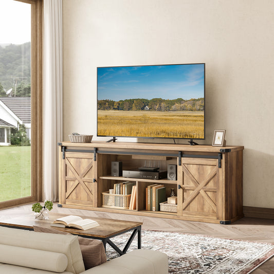 Farmhouse TV Stand for 75" TVs - 70" Media Console with Sliding Barn Doors, 6-Outlet Charging Station & Cable Management, Rustic Finish, Brown