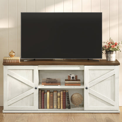 Farmhouse TV Stand for 65-Inch TVs, Entertainment Center with Sliding Barn Doors and 4 Storage Compartments, Rustic White and Brown