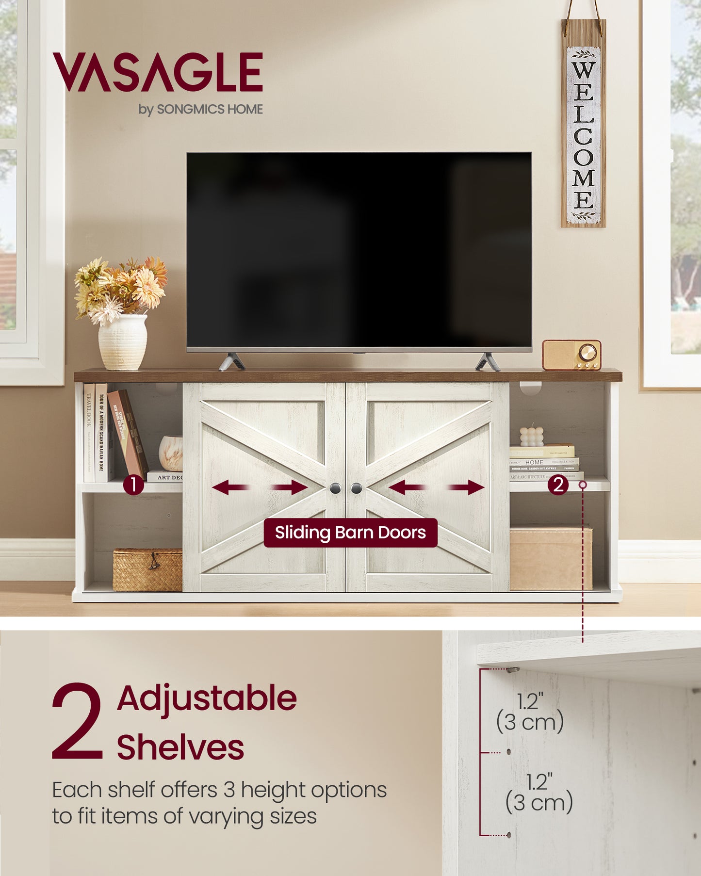 Farmhouse TV Stand for 65-Inch TVs, Entertainment Center with Sliding Barn Doors and 4 Storage Compartments, Rustic White and Brown