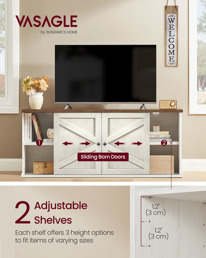 Farmhouse TV Stand for 65-Inch TVs, Entertainment Center with Sliding Barn Doors and 4 Storage Compartments, Rustic White and Brown