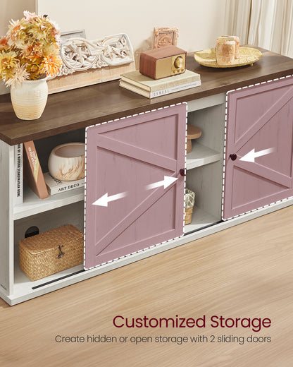 Farmhouse TV Stand for 65-Inch TVs, Entertainment Center with Sliding Barn Doors and 4 Storage Compartments, Rustic White and Brown