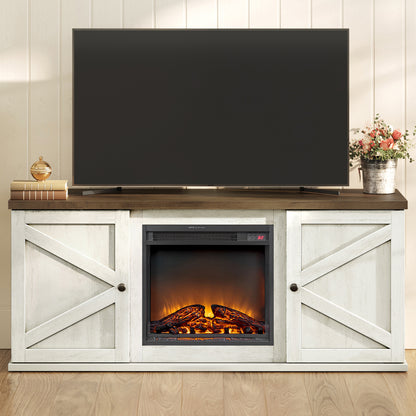 VASAGLE 65" Farmhouse Fireplace TV Stand - 18" Electric Fireplace with Remote, Adjustable Shelves & Barn Doors, Rustic White and Honey Brown