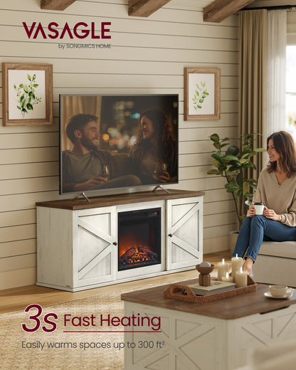 VASAGLE 65" Farmhouse Fireplace TV Stand - 18" Electric Fireplace with Remote, Adjustable Shelves & Barn Doors, Rustic White and Honey Brown
