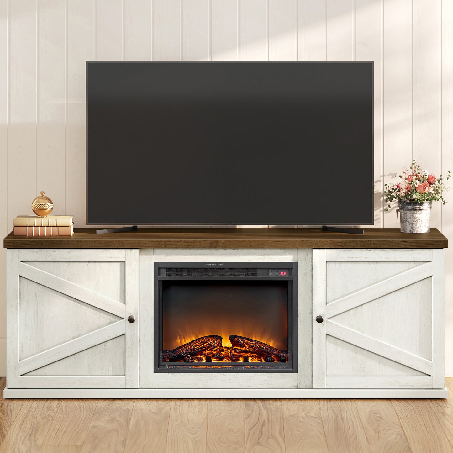 VASAGLE Fireplace TV Stand for TVs up to 80 Inches, 18-Inch ELectric Fireplace with Remote, Media Console Table, Rustic White and Honey Brown