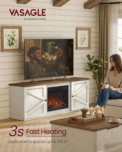 VASAGLE Fireplace TV Stand for TVs up to 80 Inches, 18-Inch ELectric Fireplace with Remote, Media Console Table, Rustic White and Honey Brown