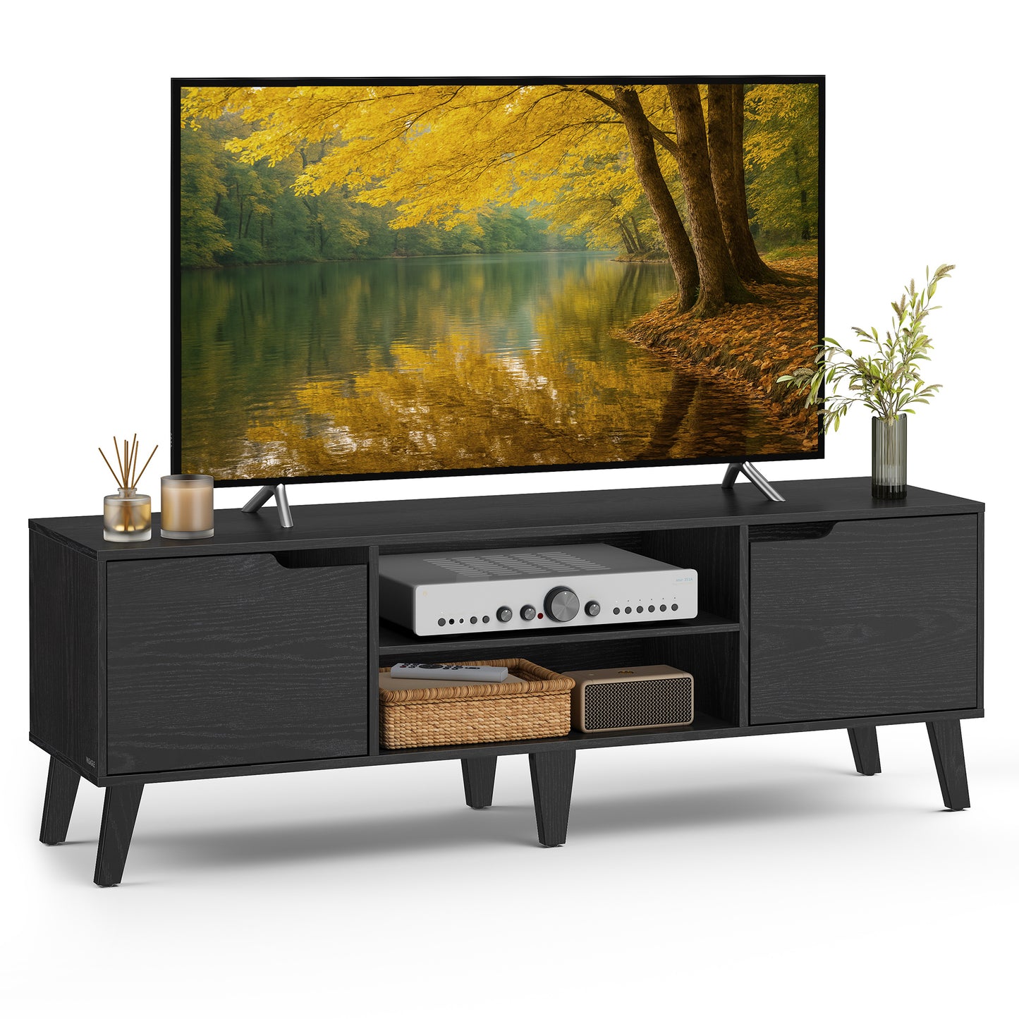 TV Stand for 65 Inch TVs, 147 cm Media Console with Adjustable Shelf & Cable Holes, Entertainment Center for Living Room, Ebony Black