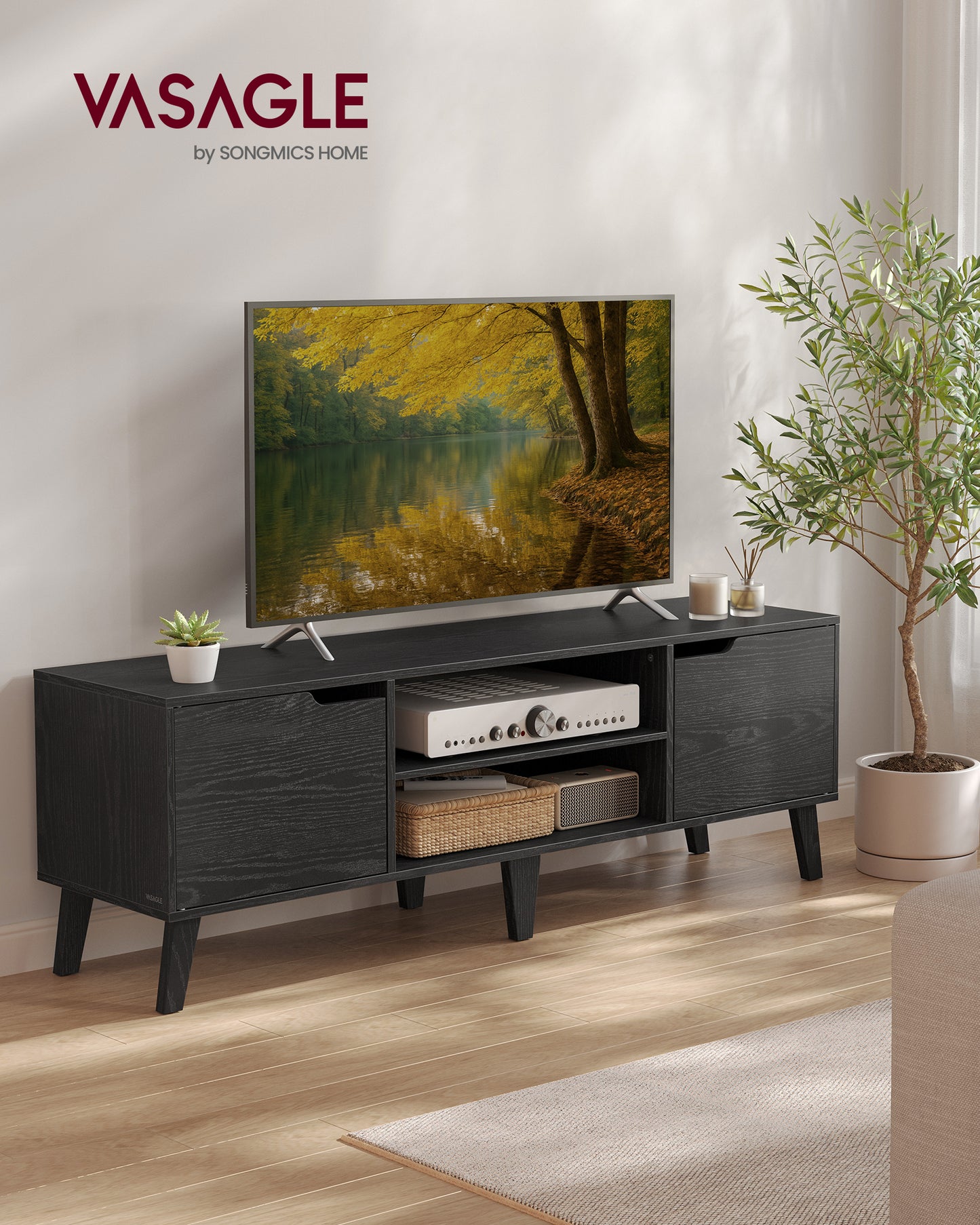 TV Stand for 65 Inch TVs, 147 cm Media Console with Adjustable Shelf & Cable Holes, Entertainment Center for Living Room, Ebony Black