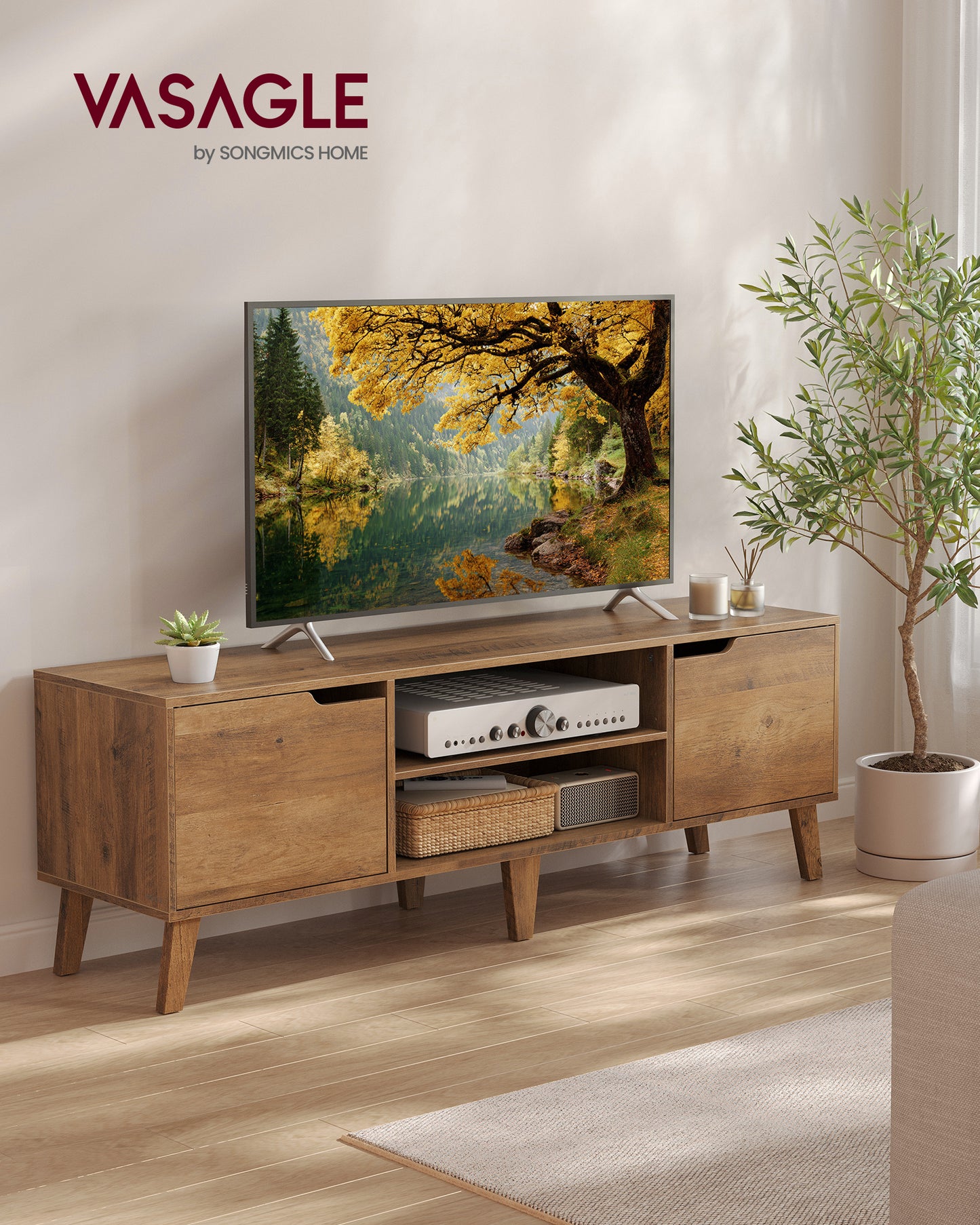 VASAGLE TV Stand for 65-Inch TVs, Entertainment Center with Adjustable Shelf, 58-Inch Long Media Console Table, for Living Room, Bedroom, Honey Brown