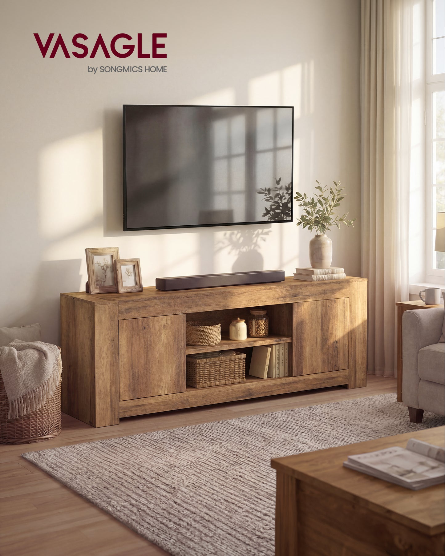 VASAGLE TV Stand, Farmhouse Entertainment Center with Storage Cabinets, Media Console Table, for 65 Inch TV, 58 x 15.7 x 23.6 Inches, Honey Brown